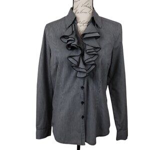 Spense |Black Gray Stripe Ruffled Long Sleeve Blouse | Size L